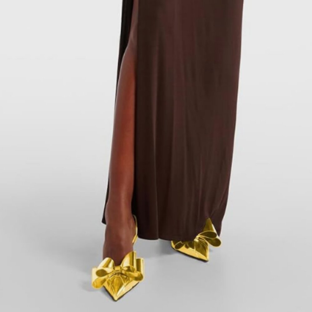 FOWT Gold Bow Pointed Toe Pumps HIgh Heel Slingback Slip on Elegant Evening Shoe